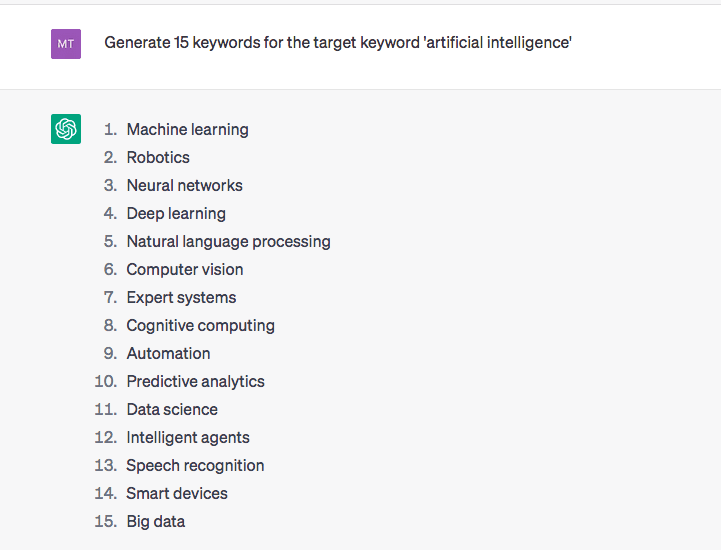 screenshot of ChatGPT generating keywords