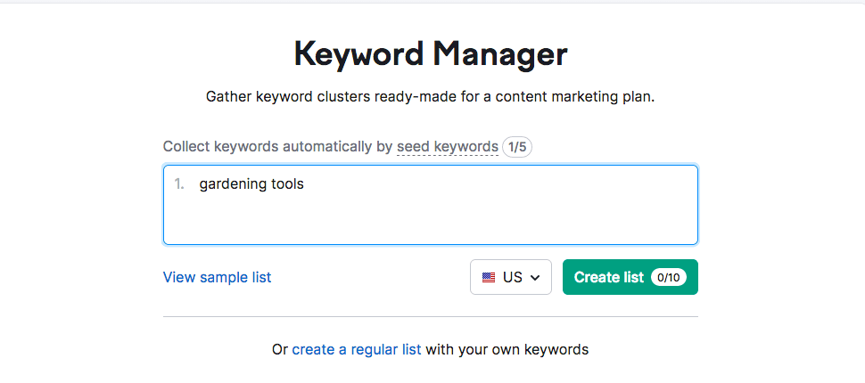 A screenshot of SEMrush’s Keyword Manager tool
