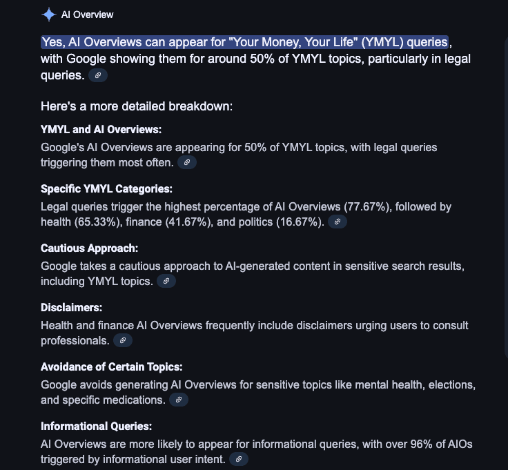 Google AI Overview for YMYL queries