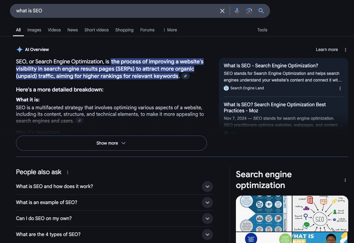 A Google AI Overview for the keyword ‘what is SEO